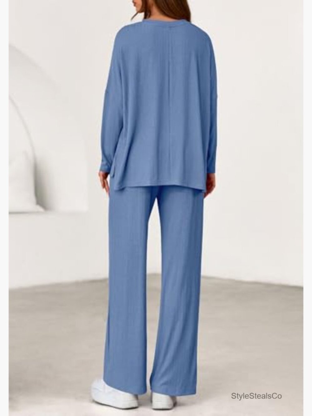 Women's Lounge Set with Soft Ribbed Knit Long Sleeve Top and Wide Leg Pants - Picture 4 of 7